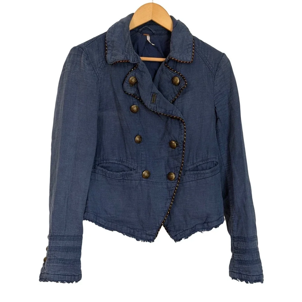 Free People Military Napoleon Jacket Blazer Women S Blue Double Breasted Linen